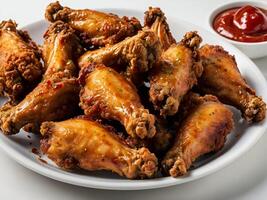 Baked chicken wings served with different sauces and lemon photo