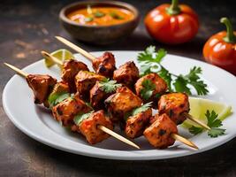 Indian chicken tikka on skewers photo