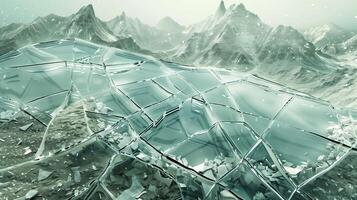 A shattered glass with cracks and fractures to create the mountain range. photo