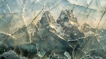 A shattered glass with cracks and fractures to create the mountain range. photo