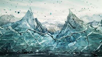 A shattered glass with cracks and fractures to create the mountain range. photo