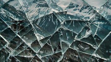 A shattered glass with cracks and fractures to create the mountain range. photo
