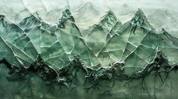 A shattered glass with cracks and fractures to create the mountain range. photo
