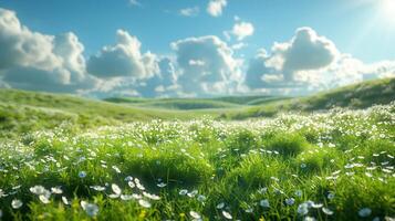Summer outdoors. Green lush meadows with a clear sky. photo