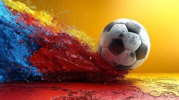 Soccer ball flying through colorful paint splash on yellow background photo