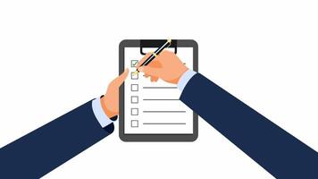 Checklist on clipboard High Definition colorful animations scenes. Businessman doing check marks on checklist Clipboard and agreement. businessman, 2d animation, clipboard checklist video