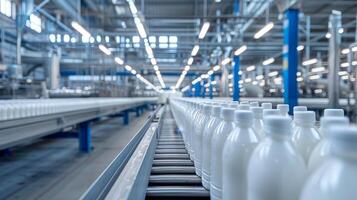 Conveyor belt carrying white plastic bottles at modern dairy factory photo
