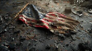 Torn and damaged american flag laying on destroyed ground photo