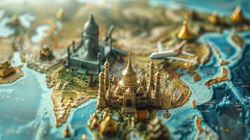 Miniature airplane flying over asia with famous landmarks on map photo