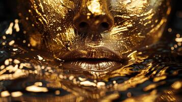 Woman submerging in golden water with gold leaf on skin photo