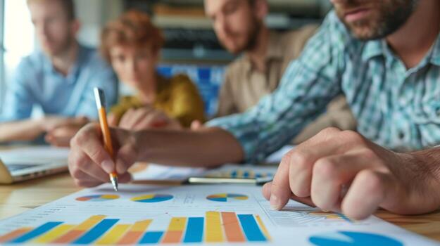Business team analyzing financial data and marketing statistics on charts photo