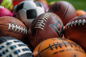 Closeup of different sport balls lying on green grass photo
