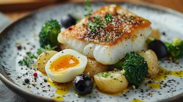 Cod loin fillet being served on plate with potatoes, broccoli and boiled egg photo