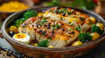 Delicious cod loin being baked in olive oil with potatoes and spices photo