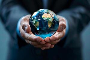 Businessman holding crystal ball with world image inside photo