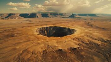 Man contemplating immense sinkhole in the middle of the desert photo