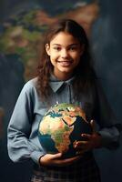 International student day and education concept - smiling girl with earth globe at school photo