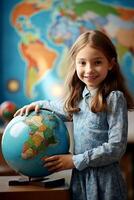 International student day and education concept - smiling girl with earth globe at school photo