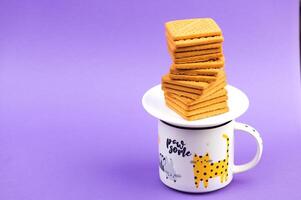 Cookies and cup of coffee. Stacks of tasty cookies on the white plate. Square biscuits on the violet background with copy space. Healthy eating photo