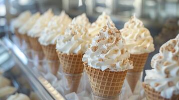 Delicious white ice cream cones topped with cookie crumbs displayed under refrigerated glass photo