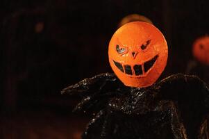 Spooky Halloween decoration stands in a wooded area creating a sinister atmosphere photo