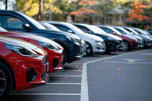 a row of cars parked in an open parking lot. Car showroom and dealer agent concept photo