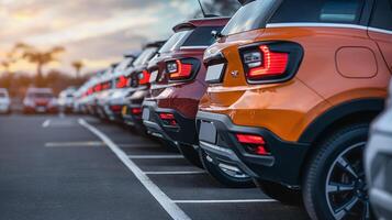a row of cars parked in an open parking lot. Car showroom and dealer agent concept photo
