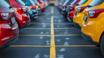 a row of cars parked in an open parking lot. Car showroom and dealer agent concept photo
