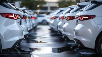 a row of cars parked in an open parking lot. Car showroom and dealer agent concept photo