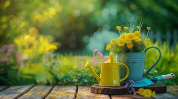 Gardening tools pot with flower outdoors on an old wooden table on a background of a green lawn. photo