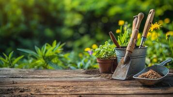 Gardening tools pot with flower outdoors on an old wooden table on a background of a green lawn. photo