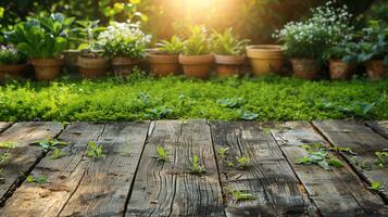 Gardening tools pot with flower outdoors on an old wooden table on a background of a green lawn. photo