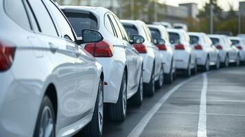 a row of cars parked in an open parking lot. Car showroom and dealer agent concept photo