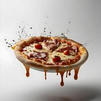Pizza slices flying, isolated on white background. Delicious peperoni pizza slices pepperonis and olives, floating pizza pieces with melting cheese with basil leaves flying. Italian style pizza slices photo
