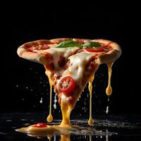 Pizza slices flying, isolated on dark background. Delicious peperoni pizza slices pepperonis and olives, floating pizza pieces with melting cheese with basil leaves flying. Italian style pizza slices photo