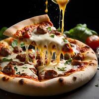Pizza slices flying, isolated on dark background. Delicious peperoni pizza slices pepperonis and olives, floating pizza pieces with melting cheese with basil leaves flying. Italian style pizza slices photo