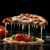 Pizza slices flying, isolated on dark background. Delicious peperoni pizza slices pepperonis and olives, floating pizza pieces with melting cheese with basil leaves flying. Italian style pizza slices photo