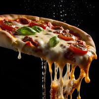 Pizza slices flying, isolated on dark background. Delicious peperoni pizza slices pepperonis and olives, floating pizza pieces with melting cheese with basil leaves flying. Italian style pizza slices photo