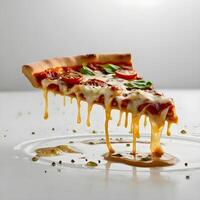 Pizza slices flying, isolated on white background. Delicious peperoni pizza slices pepperonis and olives, floating pizza pieces with melting cheese with basil leaves flying. Italian style pizza slices photo