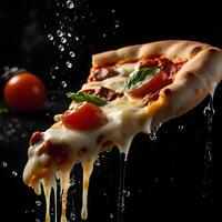 Pizza slices flying, isolated on dark background. Delicious peperoni pizza slices pepperonis and olives, floating pizza pieces with melting cheese with basil leaves flying. Italian style pizza slices photo