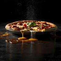 Pizza slices flying, isolated on dark background. Delicious peperoni pizza slices pepperonis and olives, floating pizza pieces with melting cheese with basil leaves flying. Italian style pizza slices photo