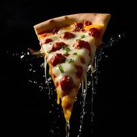 Pizza slices flying, isolated on dark background. Delicious peperoni pizza slices pepperonis and olives, floating pizza pieces with melting cheese with basil leaves flying. Italian style pizza slices photo