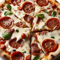 Pizza slices flying, isolated on dark background. Delicious peperoni pizza slices pepperonis and olives, floating pizza pieces with melting cheese with basil leaves flying. Italian style pizza slices photo