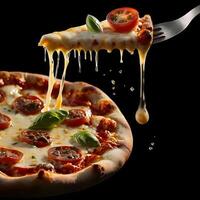 Pizza slices flying, isolated on dark background. Delicious peperoni pizza slices pepperonis and olives, floating pizza pieces with melting cheese with basil leaves flying. Italian style pizza slices photo