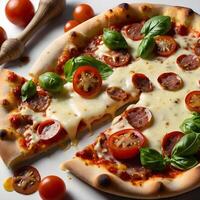 Pizza slices flying, isolated on white background. Delicious peperoni pizza slices pepperonis and olives, floating pizza pieces with melting cheese with basil leaves flying. Italian style pizza slices photo