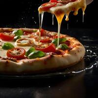 Pizza slices flying, isolated on dark background. Delicious peperoni pizza slices pepperonis and olives, floating pizza pieces with melting cheese with basil leaves flying. Italian style pizza slices photo