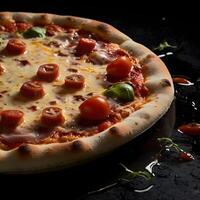 Pizza slices flying, isolated on dark background. Delicious peperoni pizza slices pepperonis and olives, floating pizza pieces with melting cheese with basil leaves flying. Italian style pizza slices photo