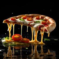Pizza slices flying, isolated on dark background. Delicious peperoni pizza slices pepperonis and olives, floating pizza pieces with melting cheese with basil leaves flying. Italian style pizza slices photo