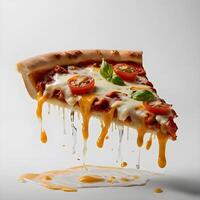 Pizza slices flying, isolated on white background. Delicious peperoni pizza slices pepperonis and olives, floating pizza pieces with melting cheese with basil leaves flying. Italian style pizza slices photo