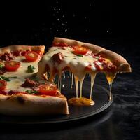 Pizza slices flying, isolated on dark background. Delicious peperoni pizza slices pepperonis and olives, floating pizza pieces with melting cheese with basil leaves flying. Italian style pizza slices photo